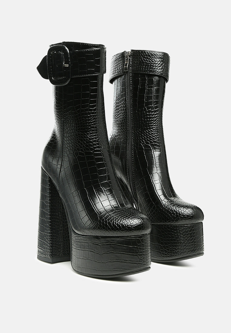 bumpy croc high block heeled chunky ankle boots#color_black