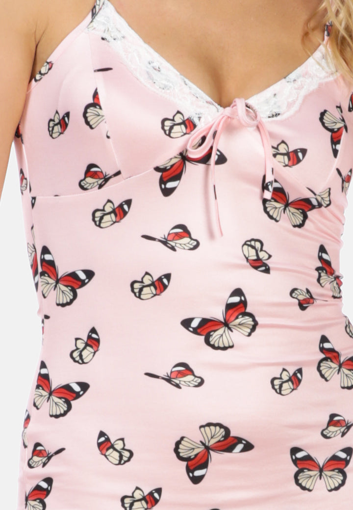 butterfly print spaghetti evening slip dress#color_pink