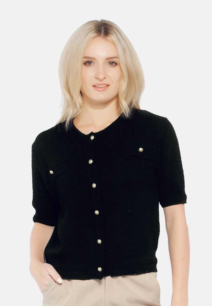 button down knitted top#color_black