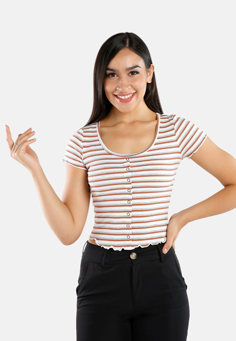 button up striped casual top#color_gold-ivory