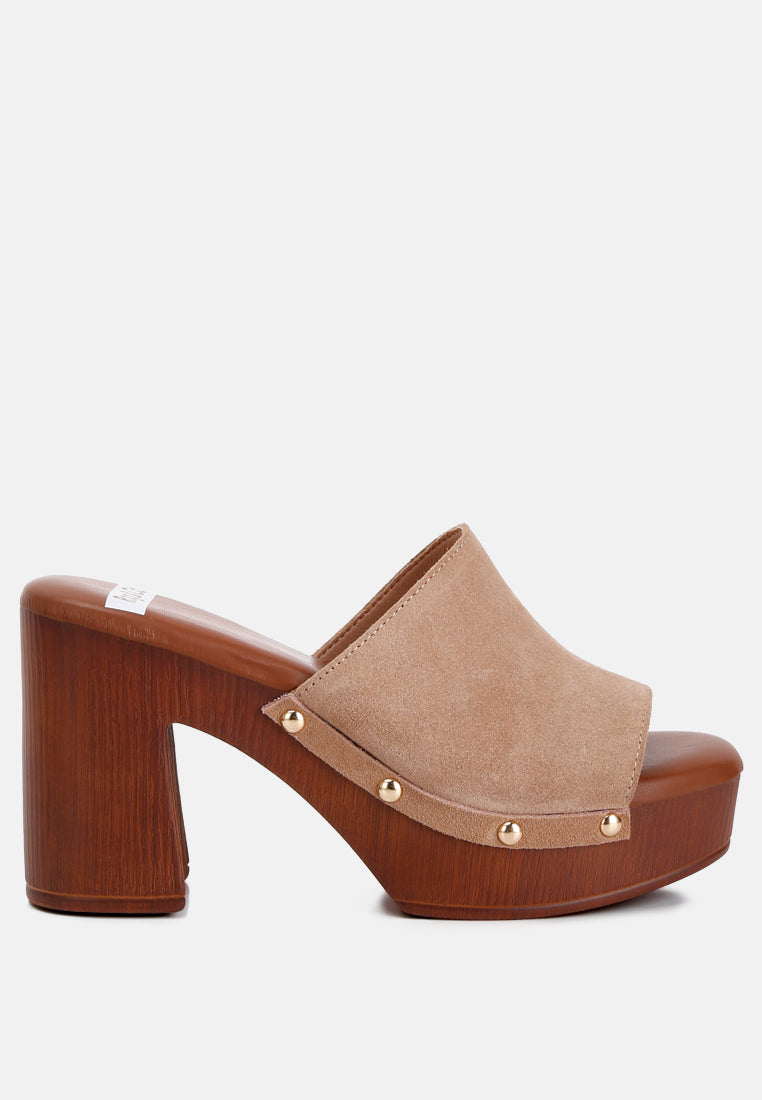 suede high block heel clogs by ruw#color_tan