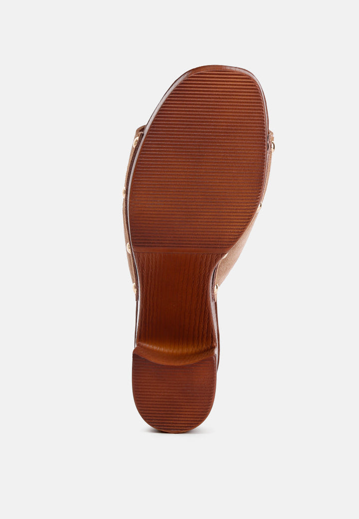 suede high block heel clogs by ruw#color_tan