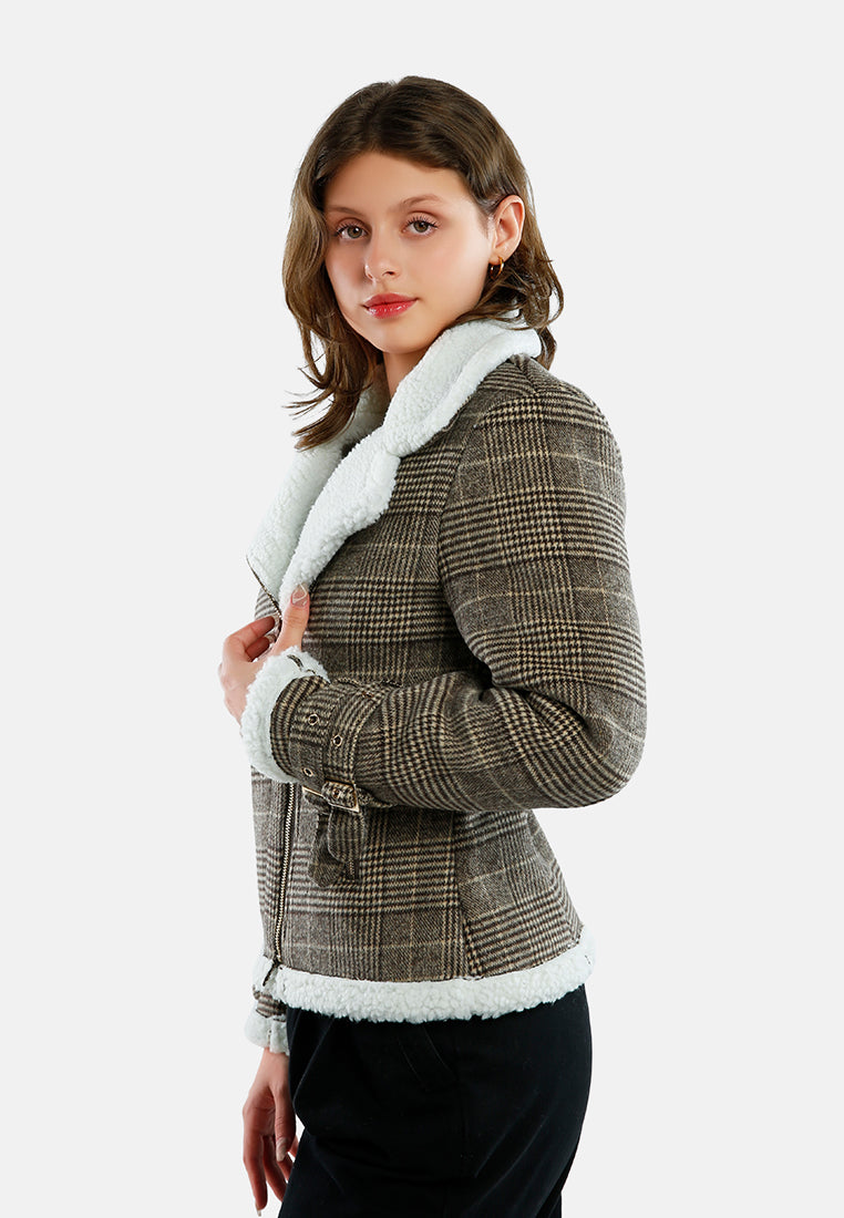 checkered shearling collar winter jacket#color_brown