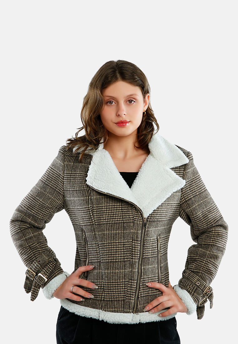 checkered shearling collar winter jacket#color_brown