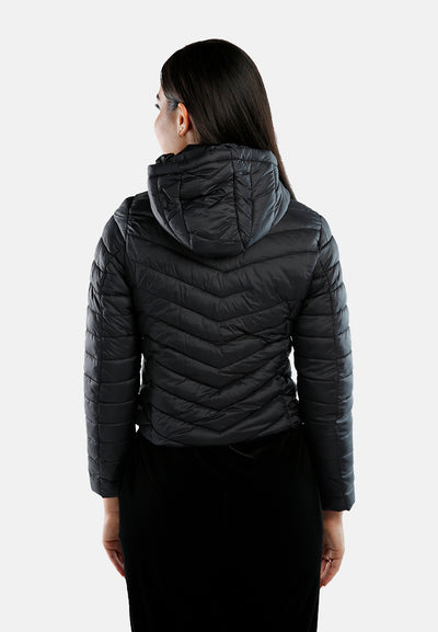 chevron pattern puffer hoodie#color_black
