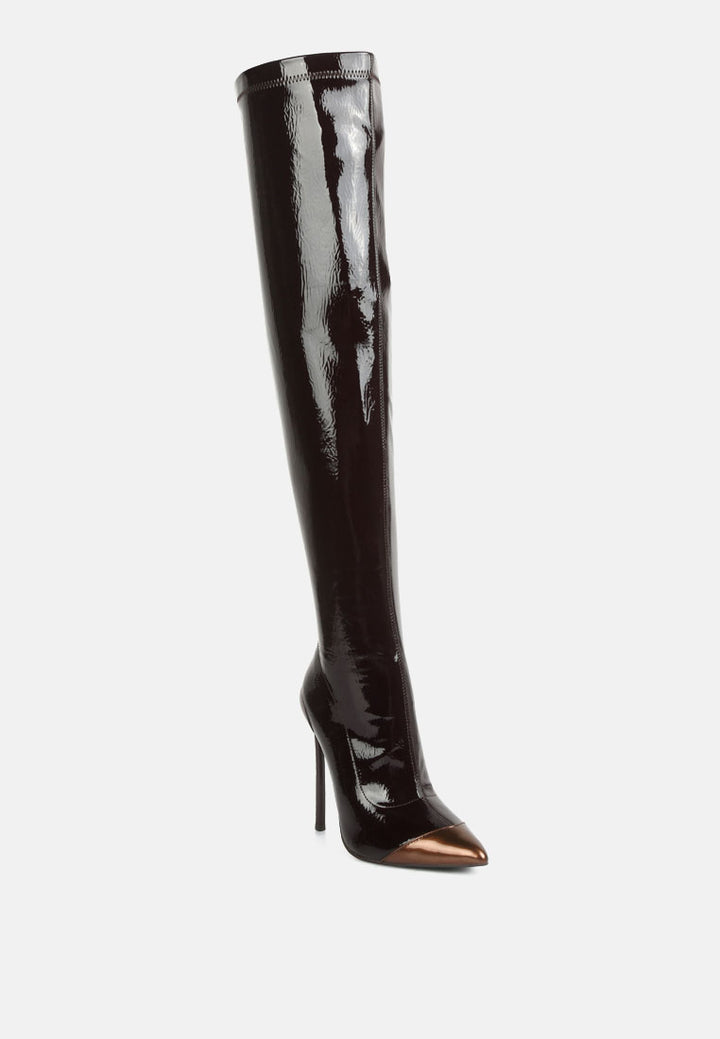 chimes high heel patent long boots#color_dark-brown