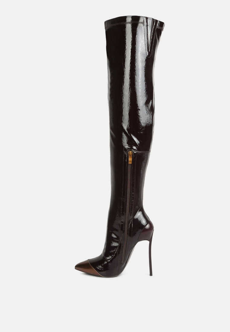 chimes high heel patent long boots#color_dark-brown