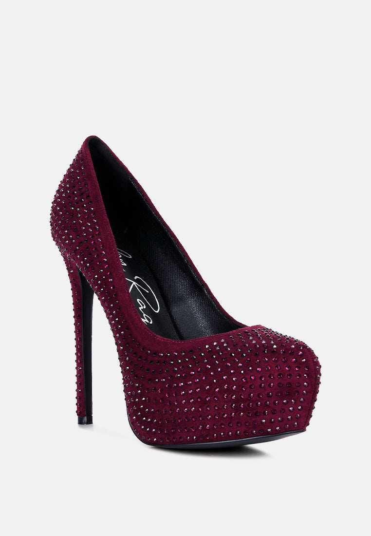 clarisse diamante faux suede high heeled pumps#color_burgundy