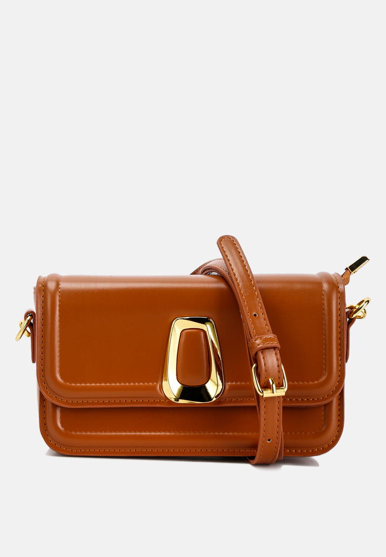 classic gold buckle flap bag#color_brown