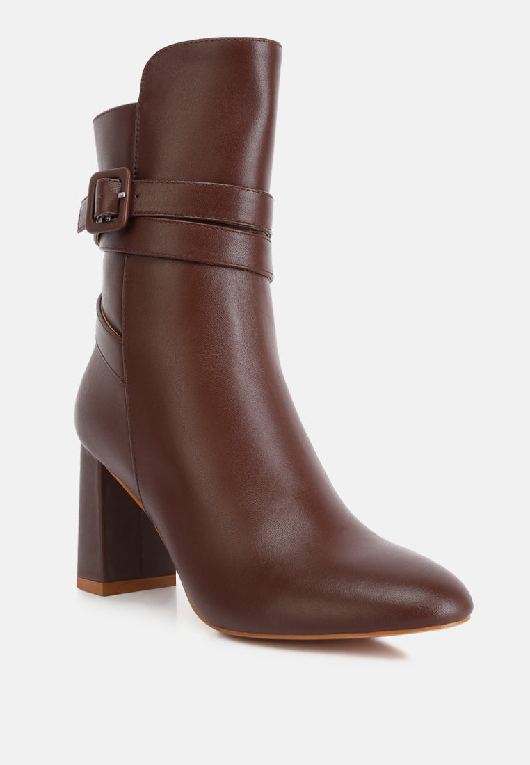cobra buckle strap embellished boots#color_brown