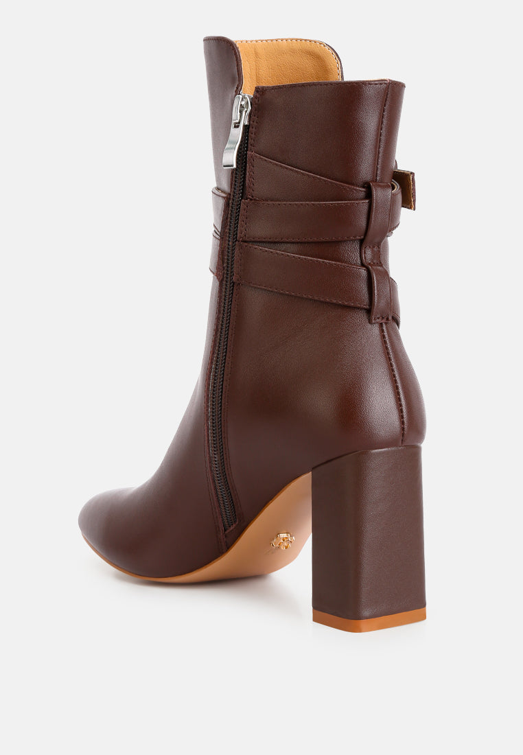 cobra buckle strap embellished boots#color_brown