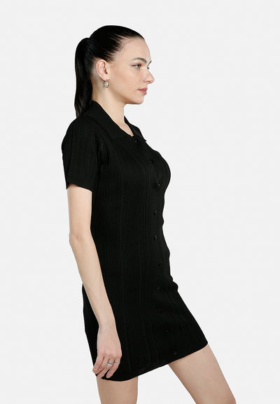 collared bodycon sweater dress#color_black