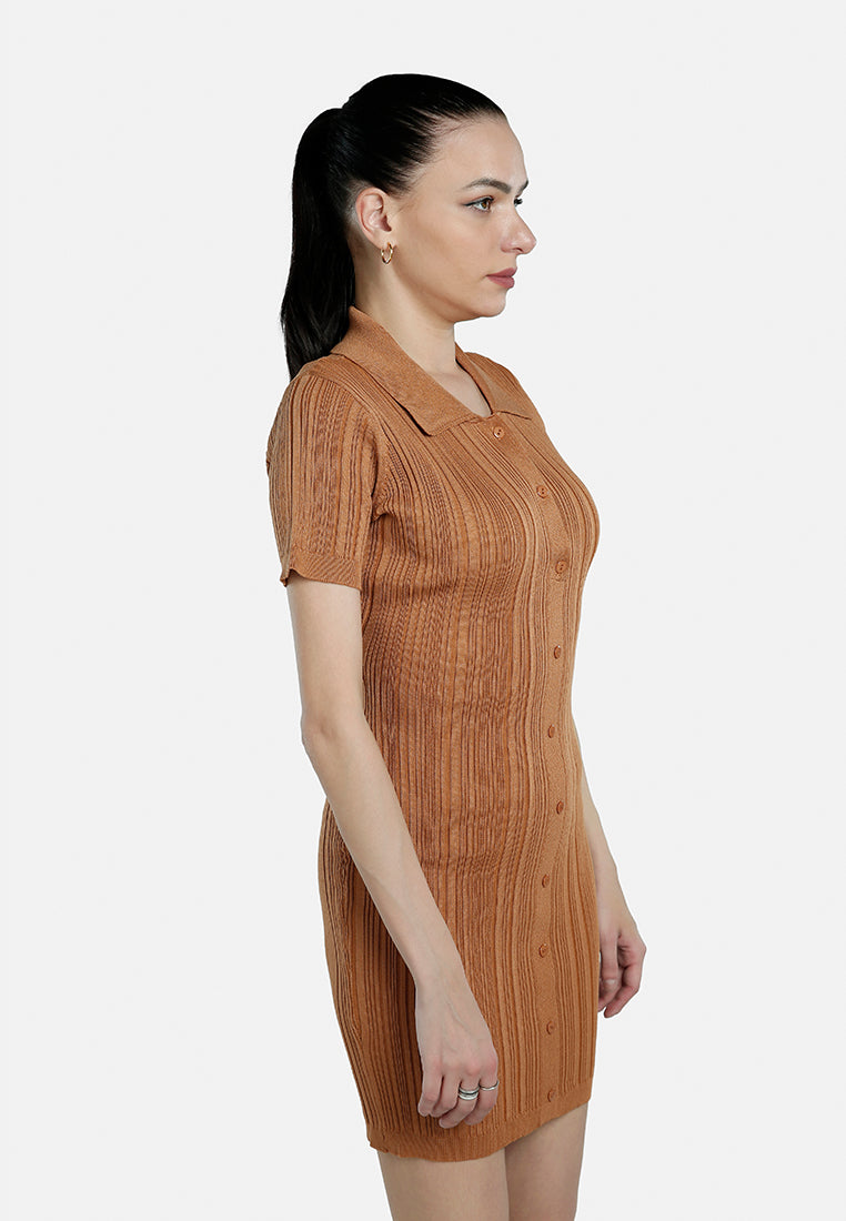 collared bodycon sweater dress#color_camel
