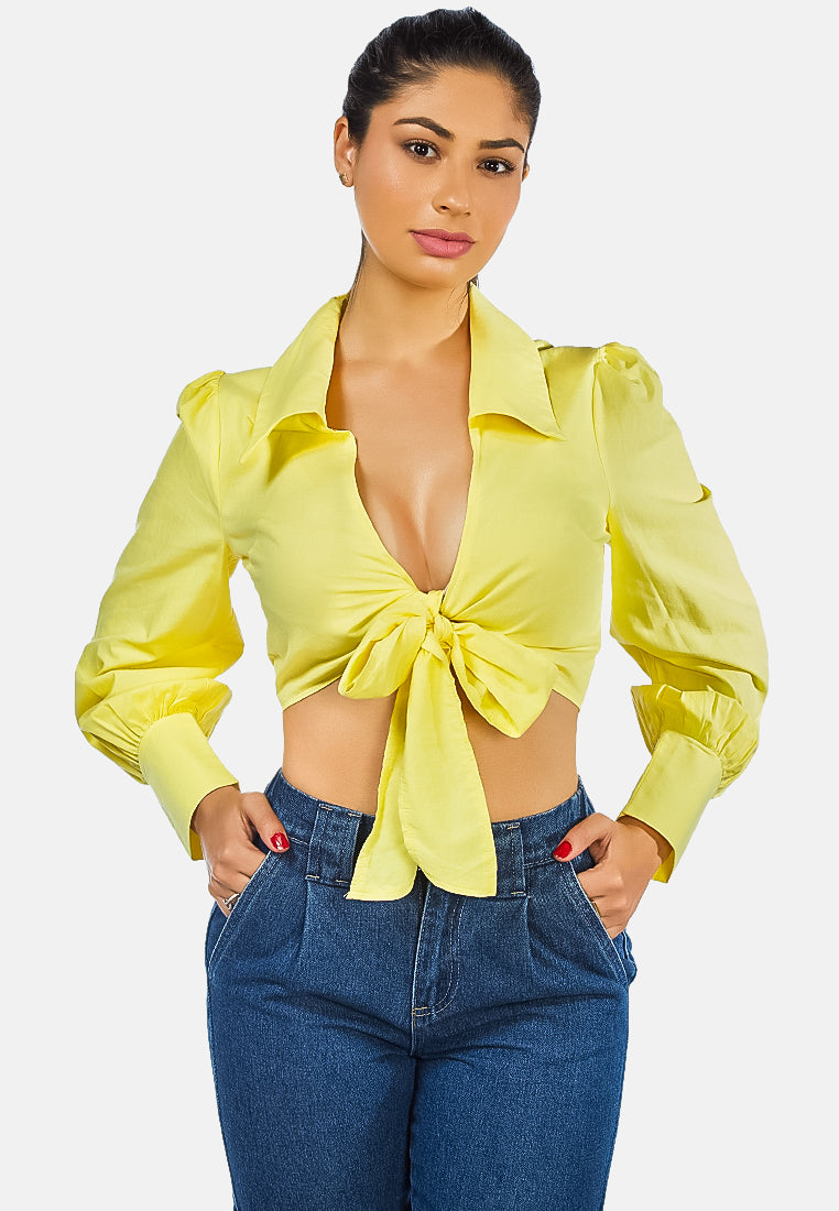 collared puff tie-up crop top#color_yellow
