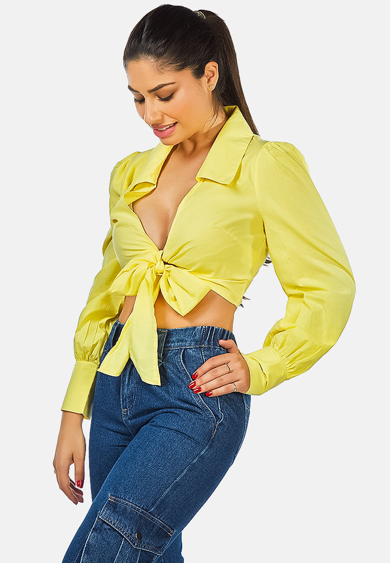 collared puff tie-up crop top#color_yellow