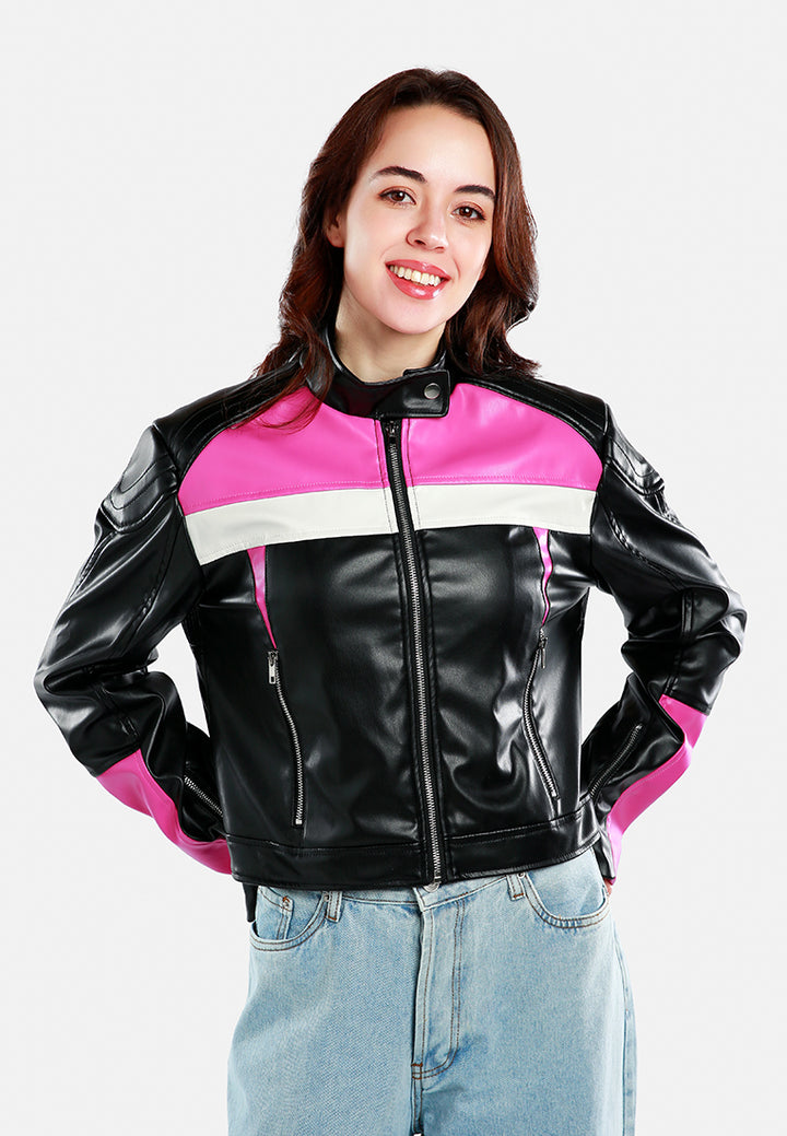color block faux leather biker jacket#color_black-pink