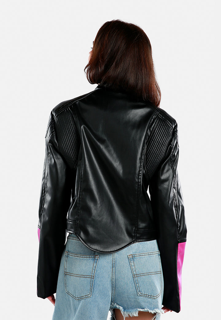 color block faux leather biker jacket#color_black-pink