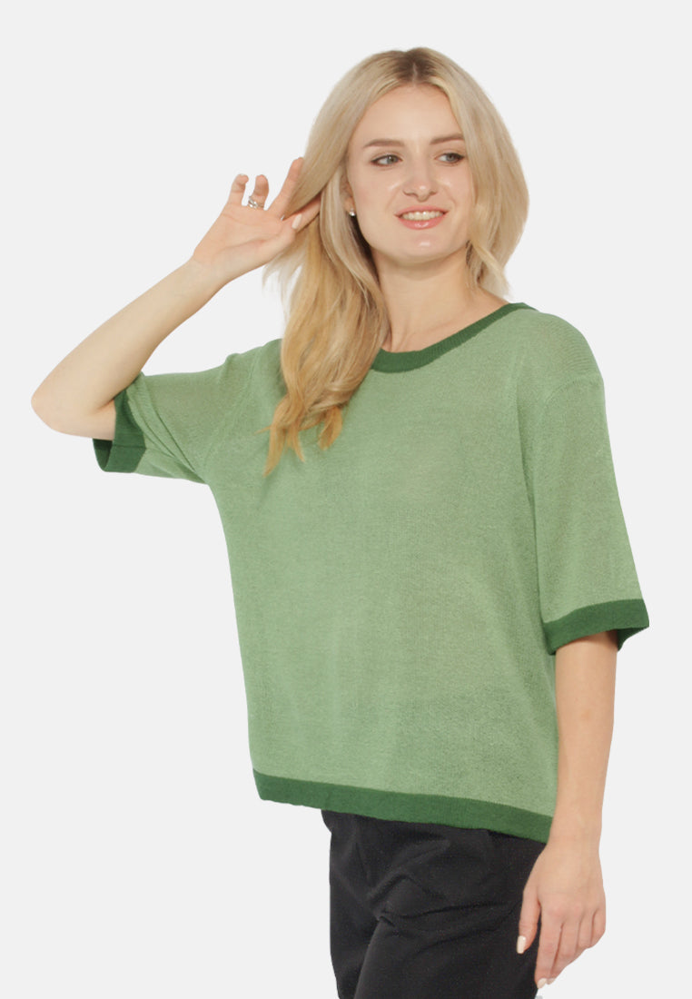 contrast neck and sleeve rib t-shirt#color_green