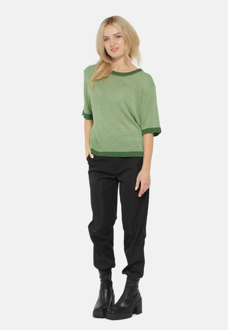 contrast neck and sleeve rib t-shirt#color_green