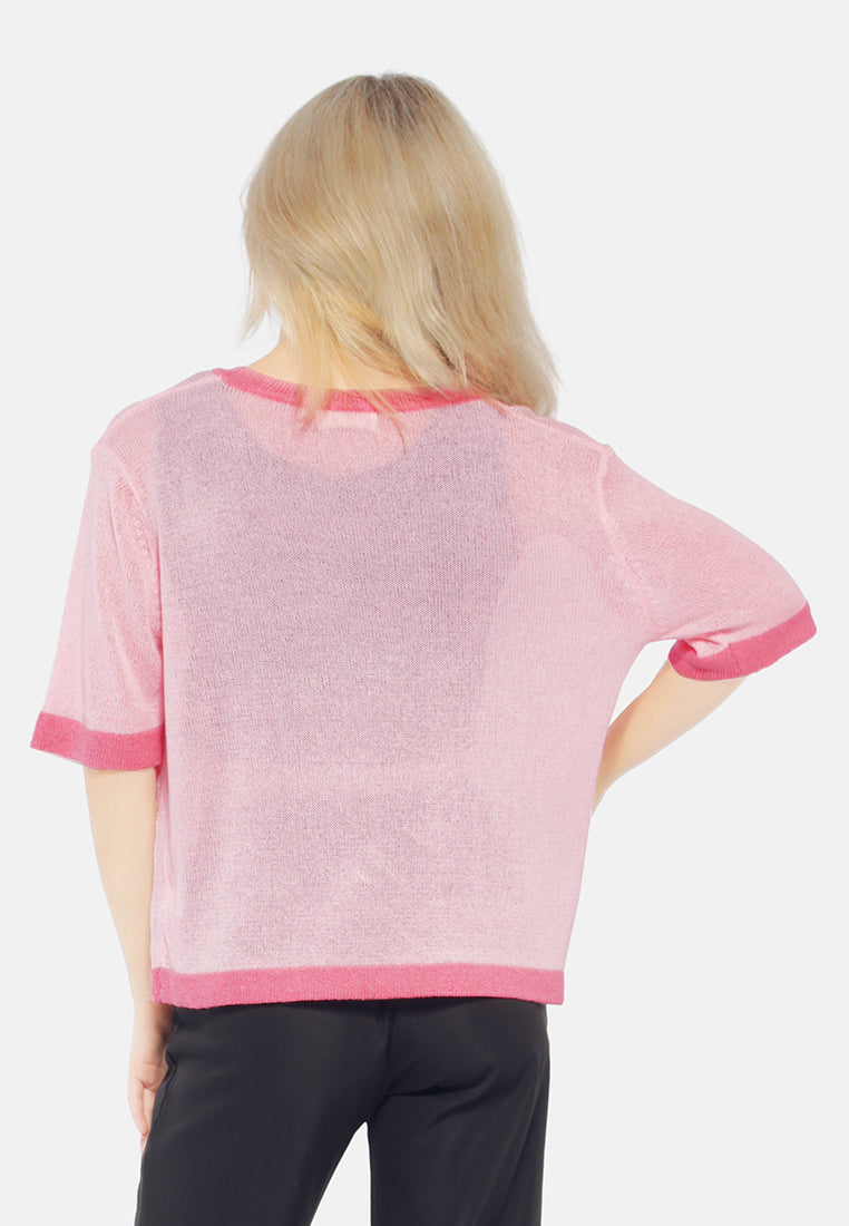 contrast neck and sleeve rib t-shirt#color_pink