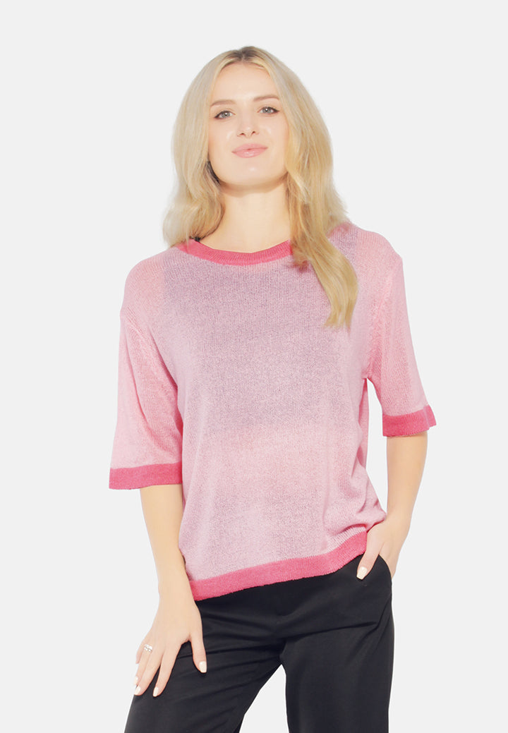 contrast neck and sleeve rib t-shirt#color_pink