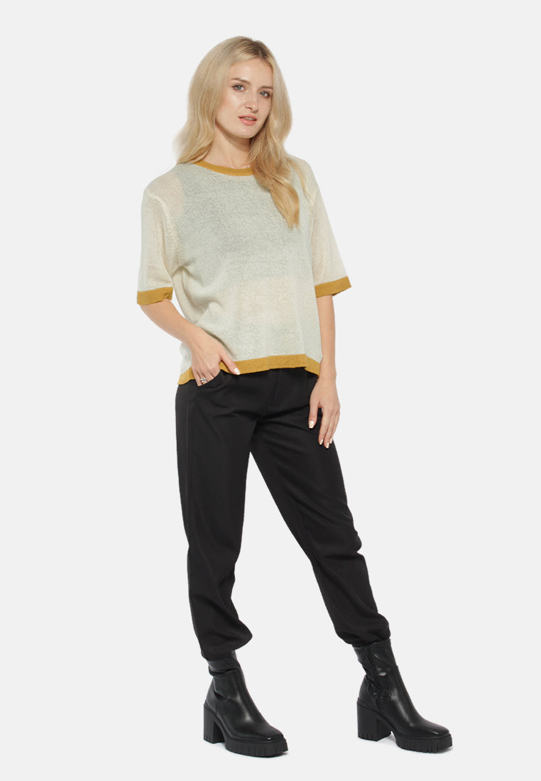 contrast neck and sleeve rib t-shirt#color_yellow