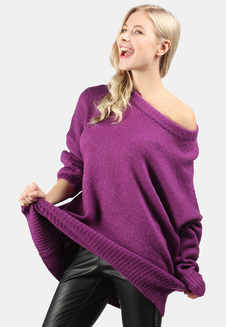 crew neck oversize sweater with ribbed bottom and cuffs#color_purple