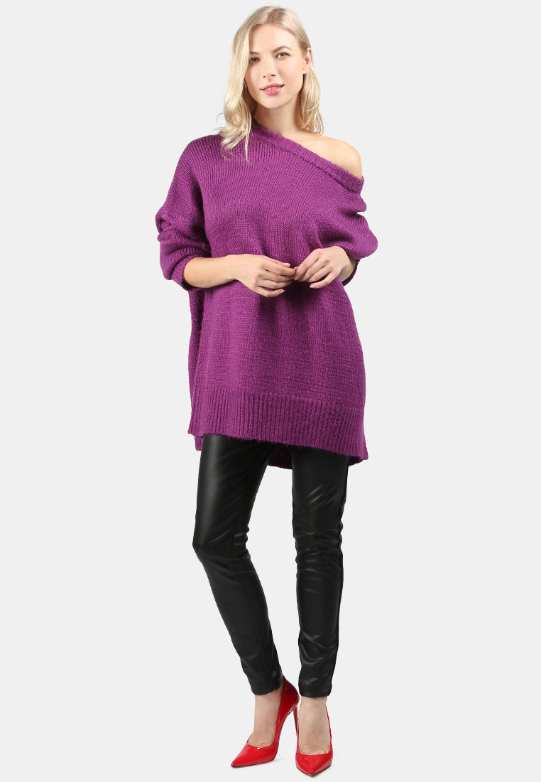 crew neck oversize sweater with ribbed bottom and cuffs#color_purple