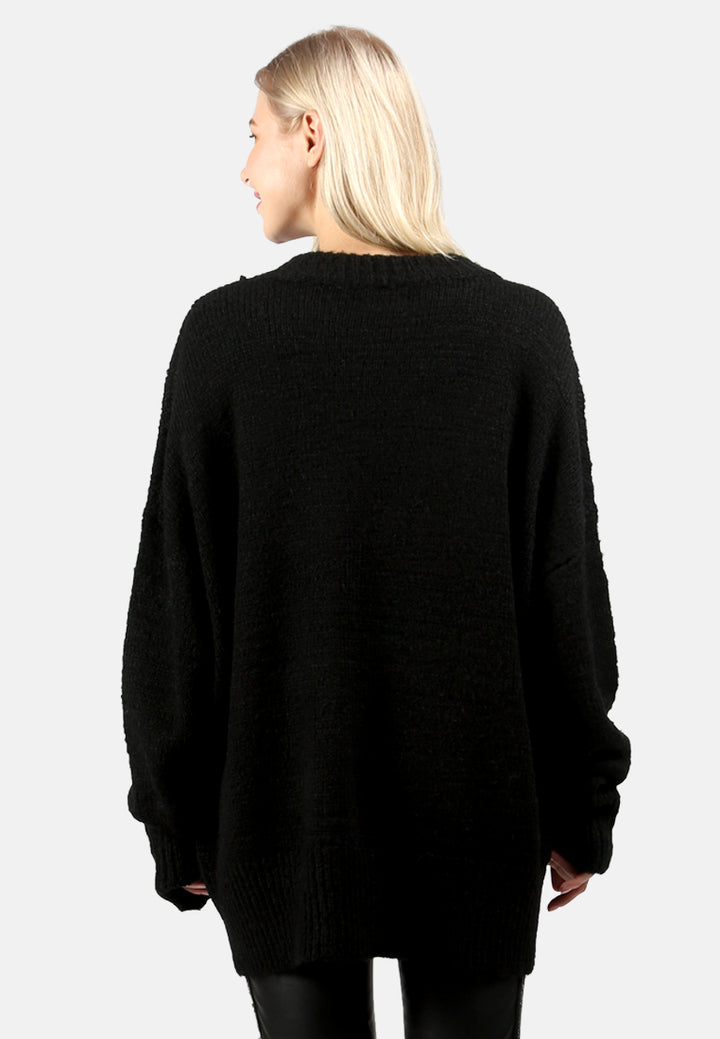 crew neck oversize sweater with ribbed bottom and cuffs#color_black