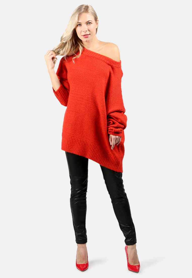crew neck oversize sweater with ribbed bottom and cuffs#color_coral