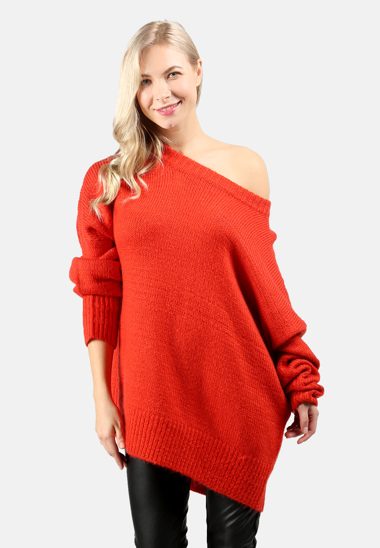 crew neck oversize sweater with ribbed bottom and cuffs#color_coral