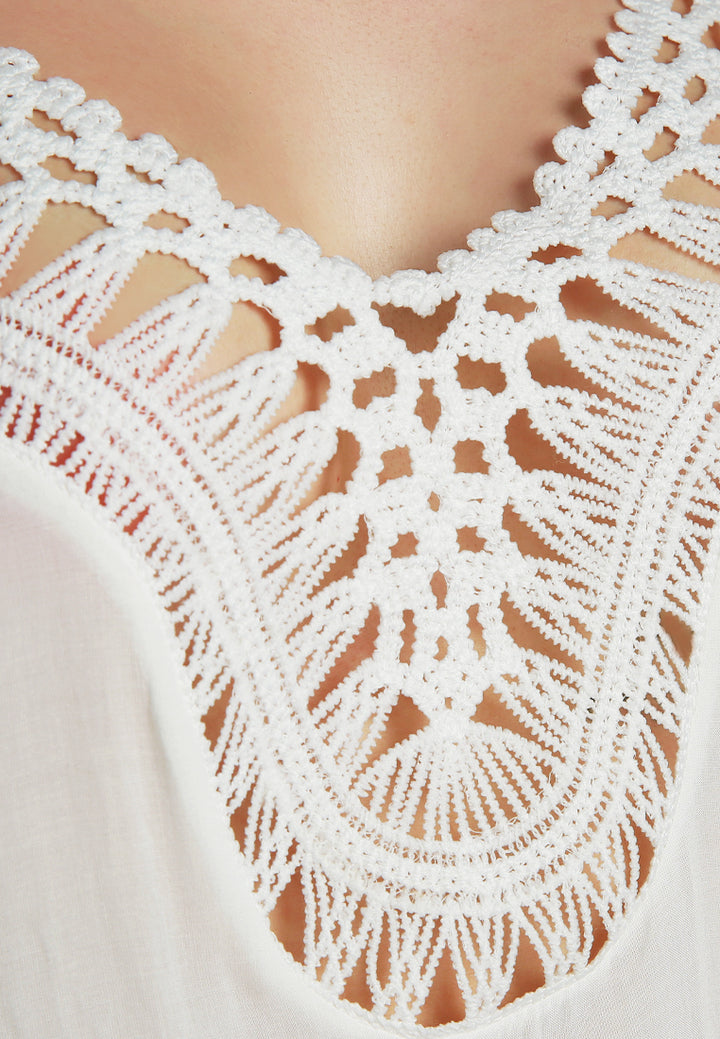 crochet lace neck dress#color_beige