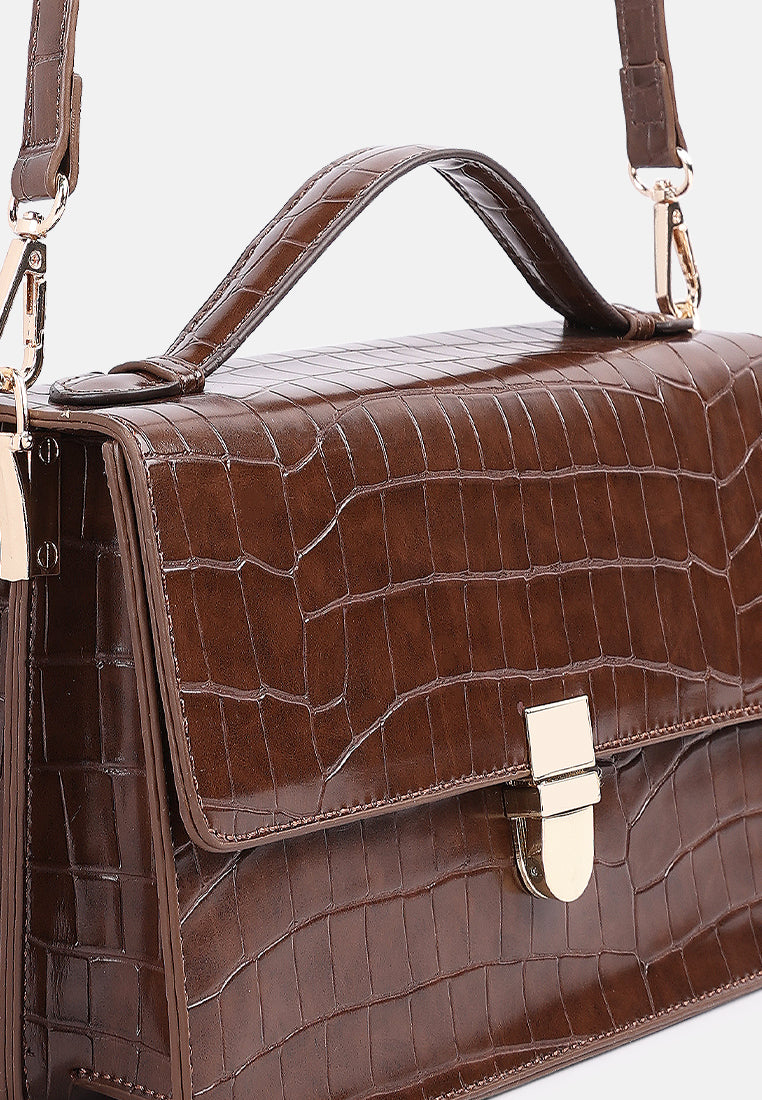 croc pattern sling bag#color_caramel