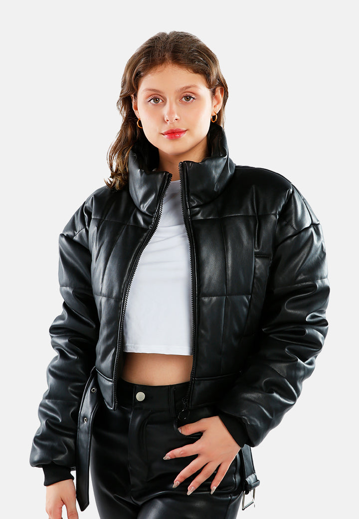 cropped belted puffer jacket#color_black