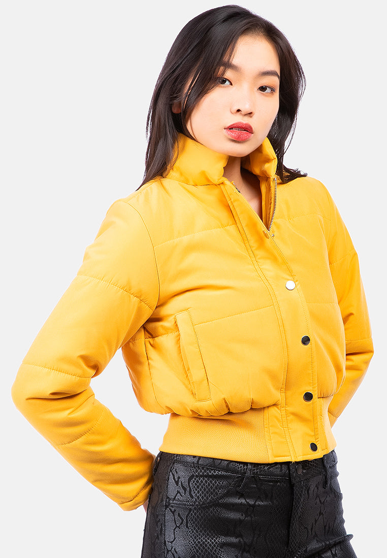 cut-out collar puffer jacket#color_mustard