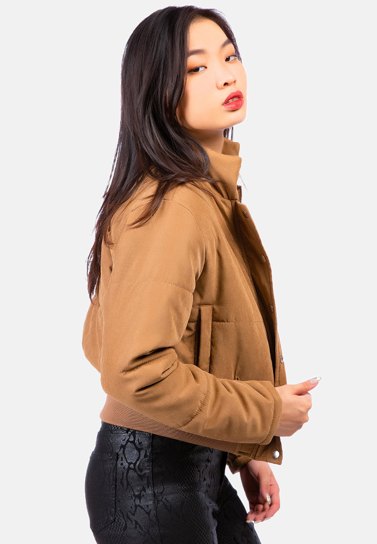 cut-out collar puffer jacket#color_chocolate