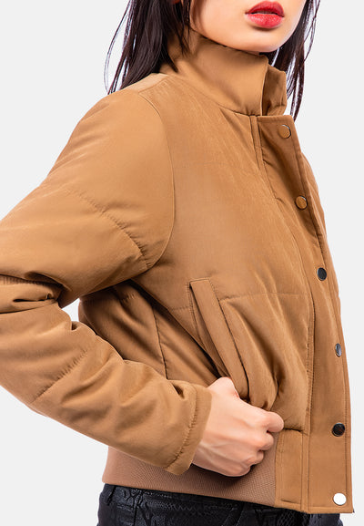 cut-out collar puffer jacket#color_chocolate