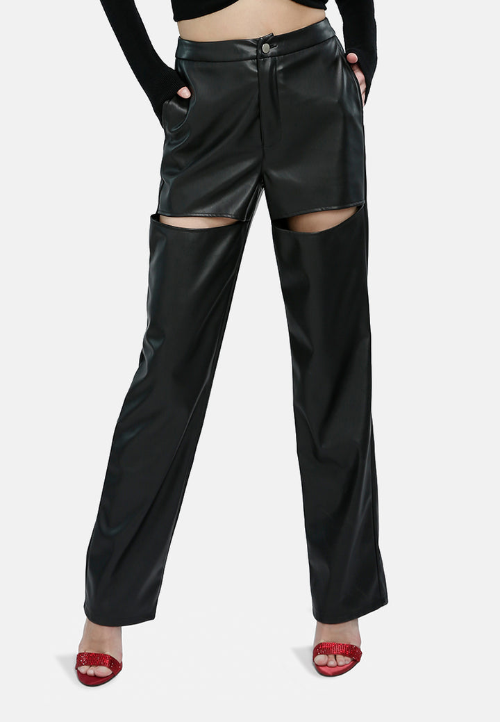 cut out faux leather pants#color_black