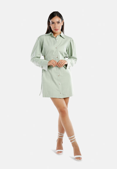 cut out ruched shirt dress#color_sage-green