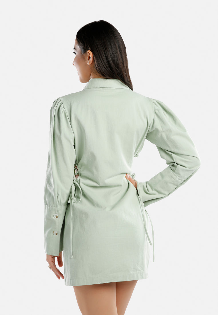 cut out ruched shirt dress#color_sage-green