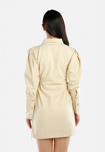 cut out ruched shirt dress#color_tan