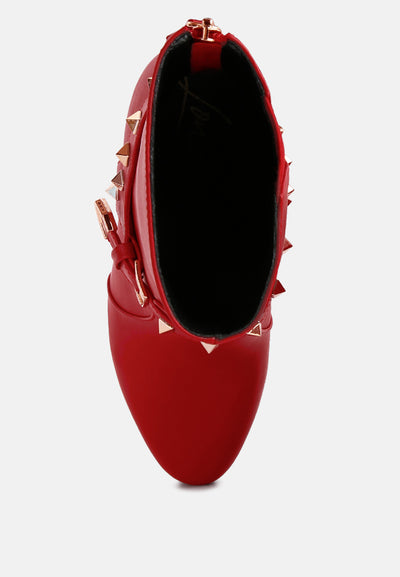 dejang metal stud faux leather ankle boot#color_red