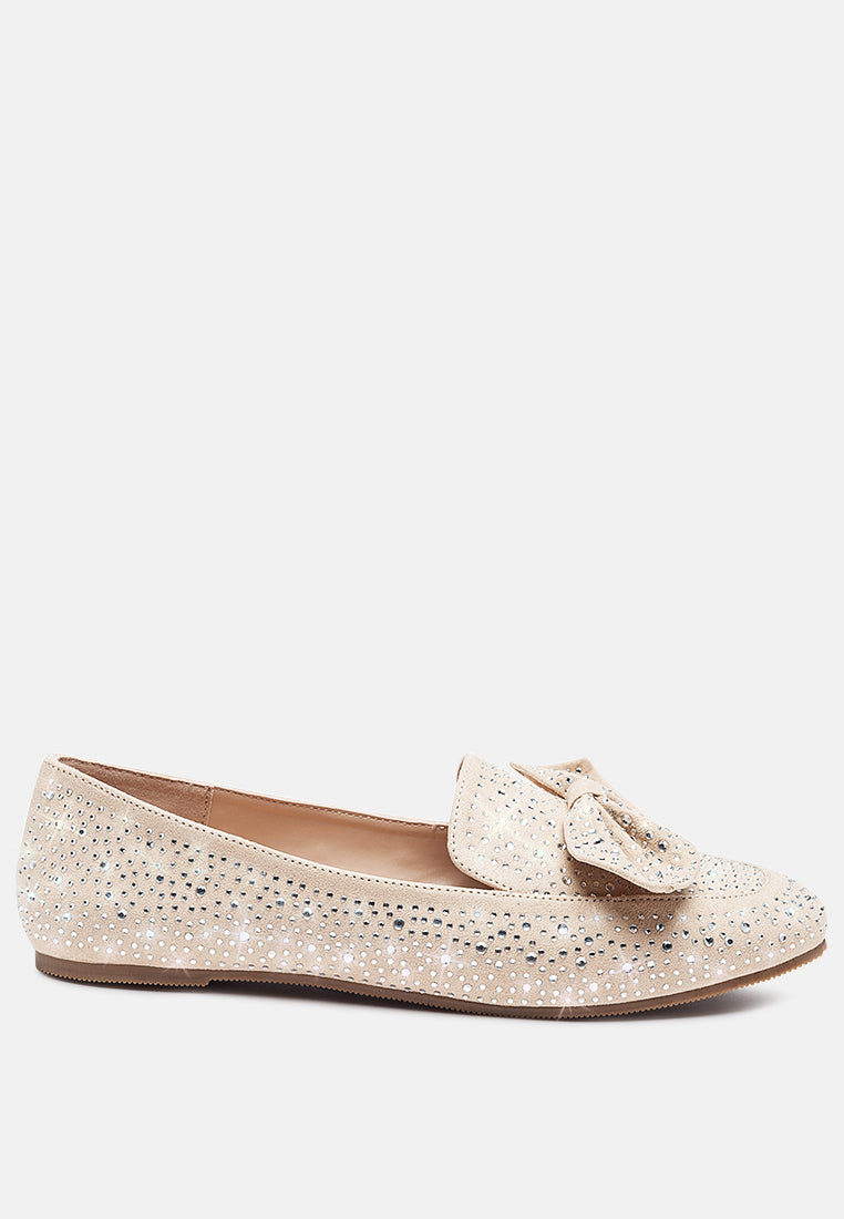 dewdrops embellished casual bow loafers#color_beige
