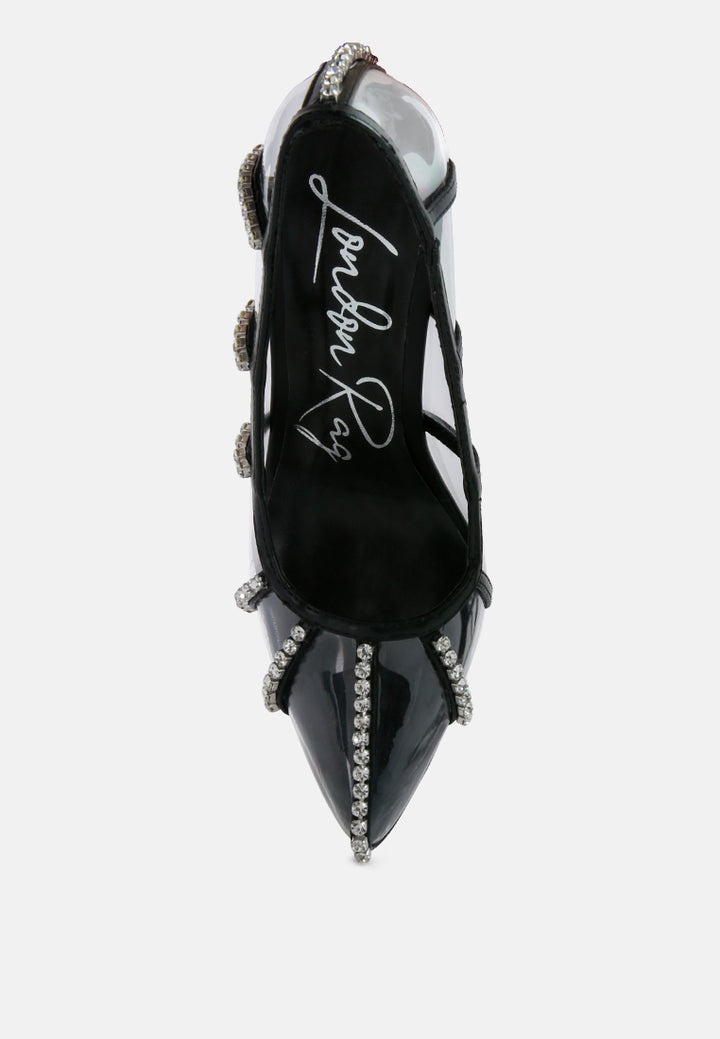 diamante clear high heel cage faux leathermps#color_black