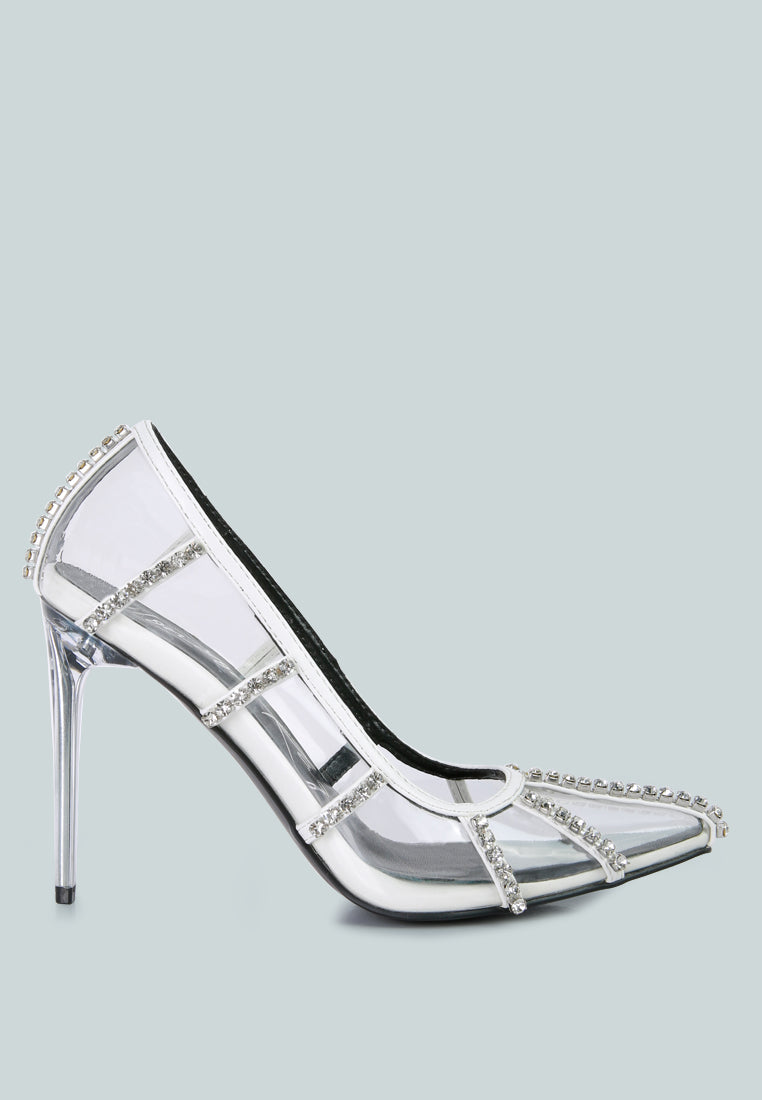 diamante clear high heel cage faux leathermps#color_white