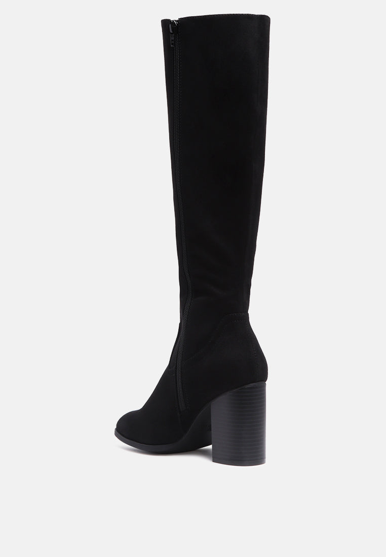dolly solid tone block heel knee high boots with side zipper#color_black