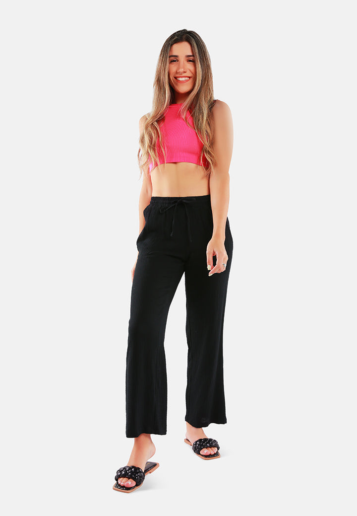 drawstring casual lounge wide pants#color_black
