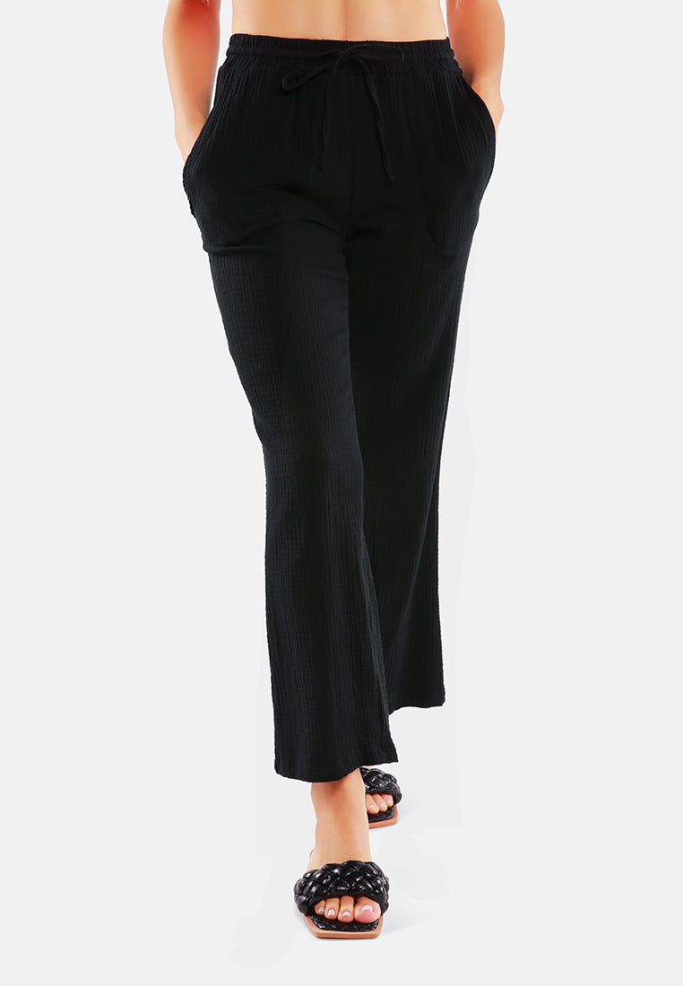 drawstring casual lounge wide pants#color_black