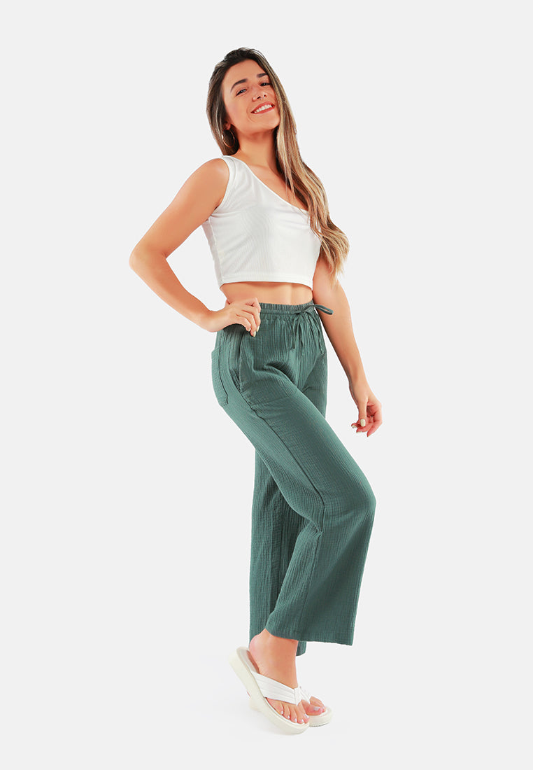 drawstring casual lounge wide pants#color_matt-green