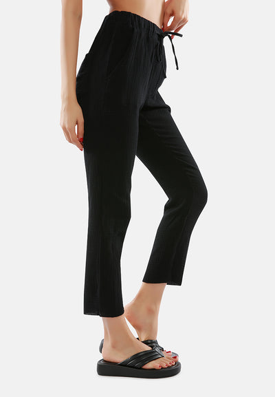drawstring narrow bottom summer pants#color_black